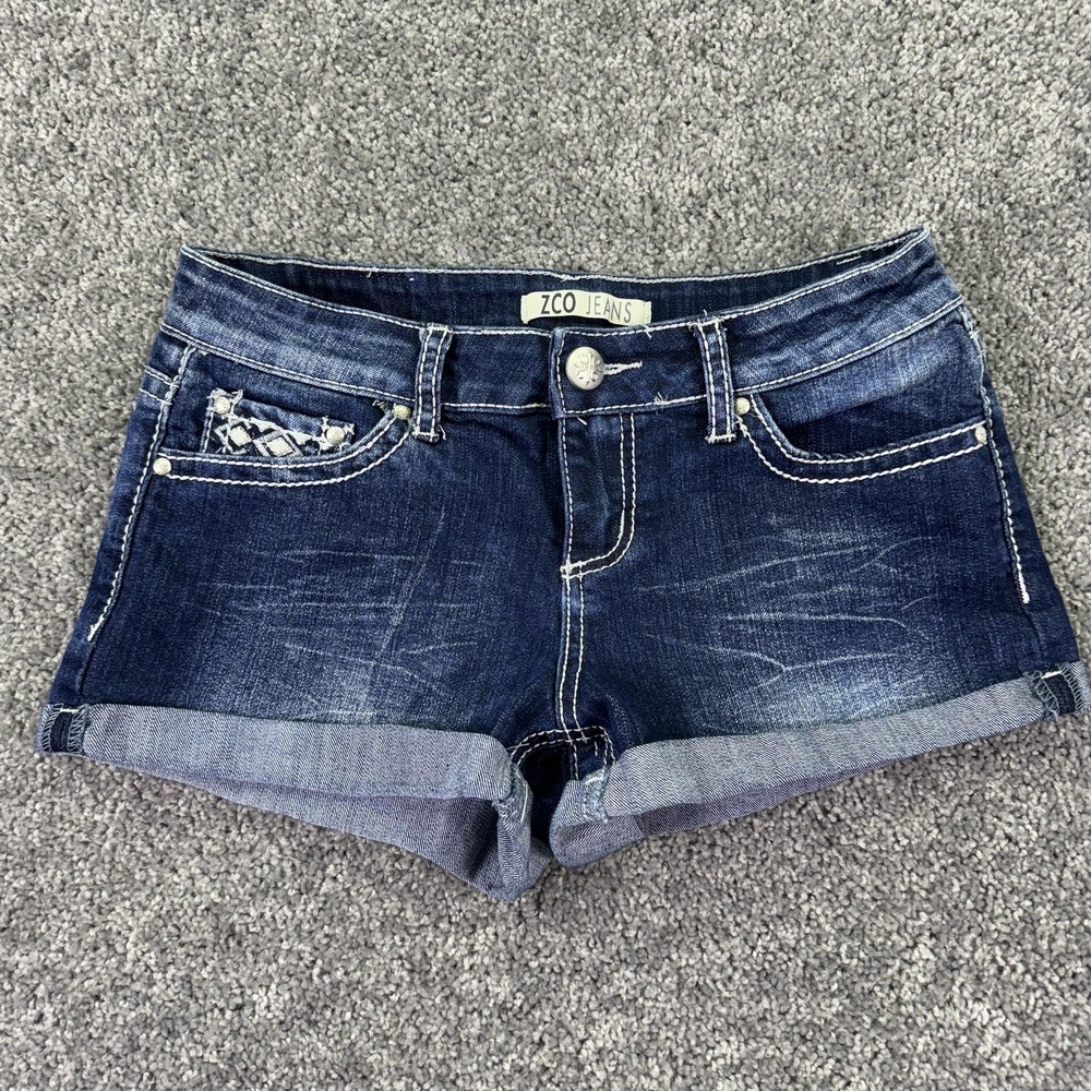 ZCO Jeans Shorts Womens 9 Blue Denim Cuffed Rhinestone Studded Pockets Casual